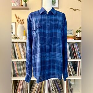 Ralph Lauren Purple Label 100% Linen Cooper Plaid Blue Long Sleeve Shirt Large